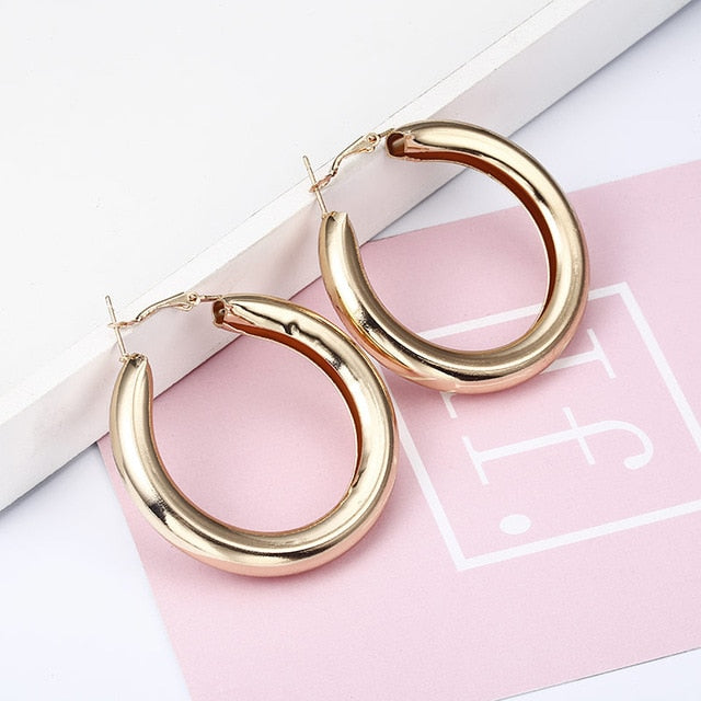 Simple Fashion Gold Color Silver Plated Big Round Earrings for Women - closestconvenience